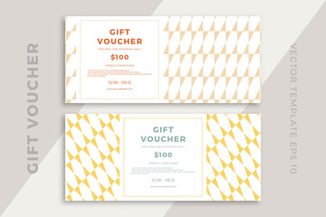 Trendy discount coupon or certificate template with artistic geometric pattern. Modern creative gift card mockup. Clean and simple vector editable background with sample text. EPS10