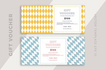 Trendy discount coupon or certificate template with artistic geometric pattern. Modern creative gift card mockup. Clean and simple vector editable background with sample text. EPS10