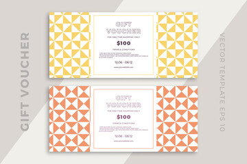 Trendy discount coupon or certificate template with artistic geometric pattern. Modern creative gift card mockup. Clean and simple vector editable background with sample text. EPS10