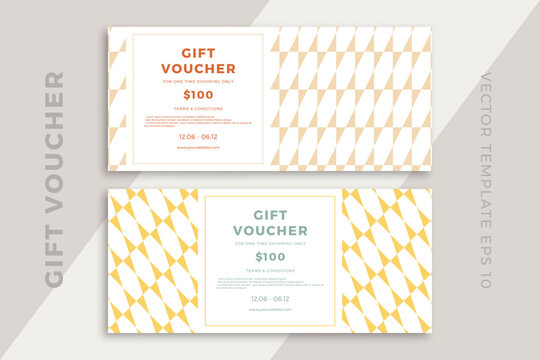 Trendy discount coupon or certificate template with artistic geometric pattern. Modern creative gift card mockup. Clean and simple vector editable background with sample text. EPS10