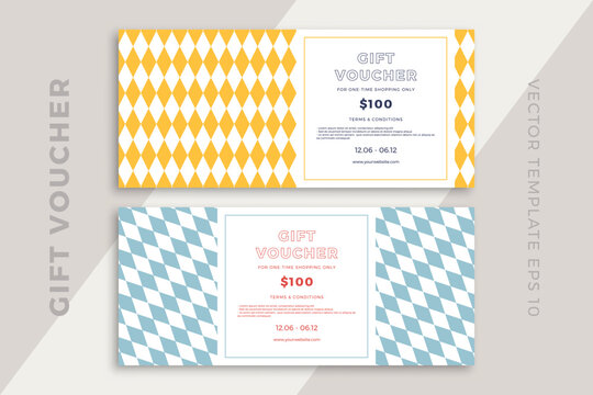 Trendy discount coupon or certificate template with artistic geometric pattern. Modern creative gift card mockup. Clean and simple vector editable background with sample text. EPS10