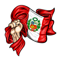 Vector illustration on the theme peru independence day, hands with peru flags - obrazy, fototapety, plakaty