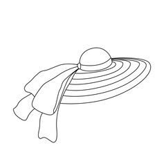 Women's Summer Straw Wicker Wide-Brim Hat With Ribbon And Bow, Beach Attribute, Isolated On White Background. Doodle Vector Cartoon Illustration, Clipart.