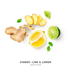 Ginger, lime and lemon citrus fruits creative layout.
