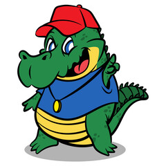 Hand drawn of Funny Alligator cartoon characters wearing t-shirt, gold necklace, and baseball cap. Best for sticker, logo, and mascot for streetwear store