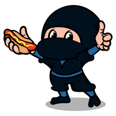 Kawaii Ninja cartoon characters vending a hotdog, and make thumb up gesture for a delicious food sign, best for sticker, logo, and mascot with street food themes