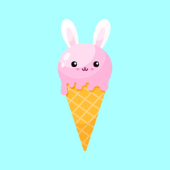 Cute cartoon rabbit ice cream cone vector flat illustration. - 520766251