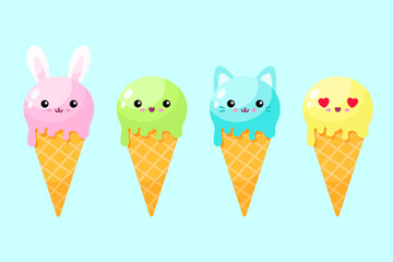 Cute cartoon  ice cream cones vector flat illustration. - 520766252