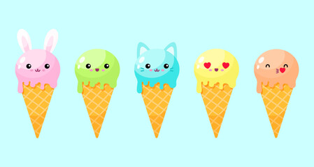 Cute cartoon  ice cream cones vector flat illustration.
