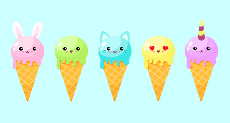 Cute cartoon  ice cream cones vector flat illustration. - 520766259