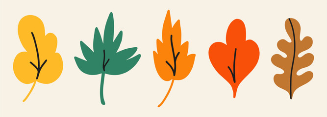 Obraz premium Autumn leaves set, isolated on white background. Simple cartoon flat style. Isolated vector illustration. Design for stickers, logo, web and mobile app.