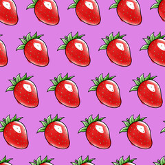 Vector seamless pattern, strawberry in watercolor style with black contour