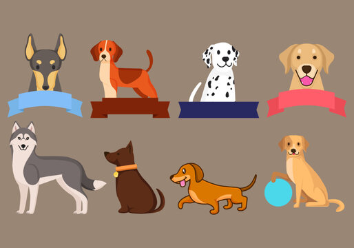 Cute flat style dogs pet cartoon vector illustration. Isolated on background. Vector eps 10. 