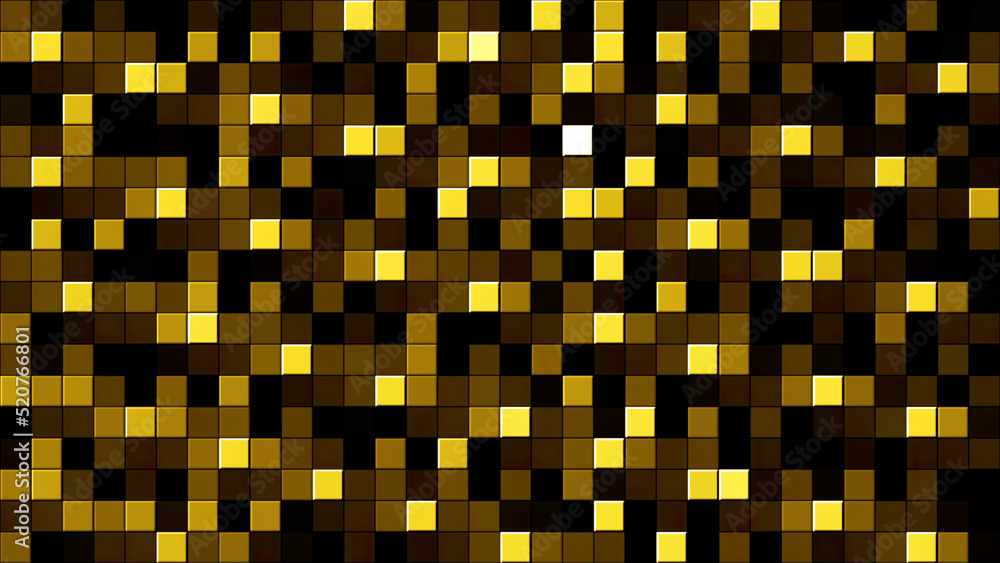 Poster texture of blinking pixels. motion. golden rows of small squares flowing and shining from right to l