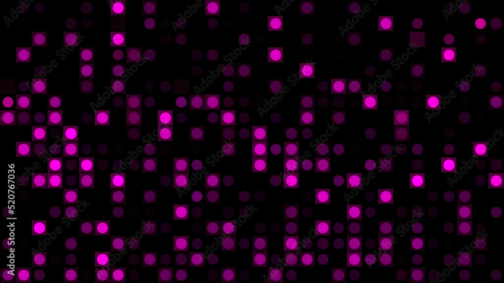 Poster texture of blinking pixels. motion. black and purple rows of small squares and circles flowing and s