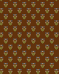 Cute spring summer pattern of butterflies and small bouquets of wildflowers on a brown background