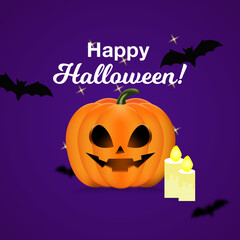 Happy Halloween background 3d, pumpkin with bats and candles.