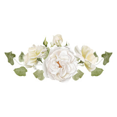 Watercolor white roses bouquet for wedding design, and other. Elegant white flowers composition