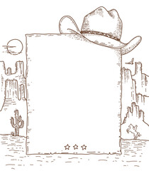 Wild West cowboy paper for text. Vector cowboy western hand drawn doodle background with cowboy hat on American canyon desert and cactuses - 520767293