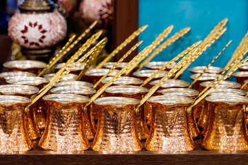 Metal coffee turks on the counter