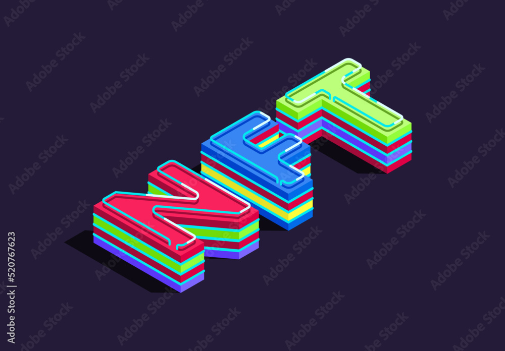 Poster vector illustration of the letter nft in the style of isometry with the effect of neon illumination