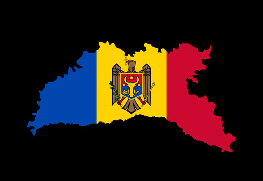 recommend clip art: Moldova map flag with coat of arms vector silhouette illustration isolated on black background. High detailed. Moldova flag over Moldova map, national symbol, seal. Country in eastern Europe.