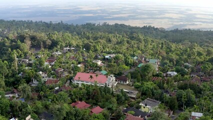 Tranquil Village Surrounded With Tropical Forest Trees In Mawlynnong, Meghalaya India. Aerial Wide Shot