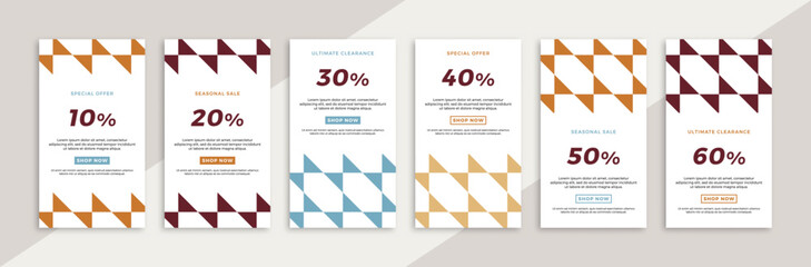 Set of vertical promotional web banners with trendy geometric pattern. Modern sale and discount promo creative backgrounds for social media mobile app stories. Vector editable background EPS 10
