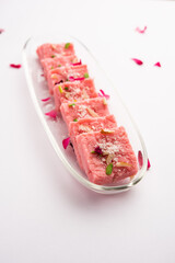 Rose Kalakand pink barfi or burfi also known as flavoured Mishri Mava Or Khoa Milkcake mithai