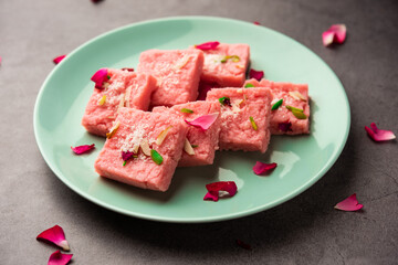 Rose Kalakand pink barfi or burfi also known as flavoured Mishri Mava Or Khoa Milkcake mithai