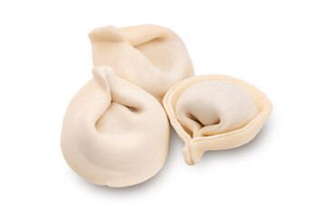 bunch of fresh frozen dumplings ready for cooking, isolated on white background. Full depth of field.