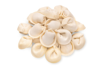bunch of fresh frozen dumplings ready for cooking, isolated on white background. Full depth of field.