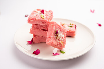 Rose Kalakand pink barfi or burfi also known as flavoured Mishri Mava Or Khoa Milkcake mithai