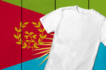 Patriotic t-shirt mock up on background in colors of national flag. Eritrea
