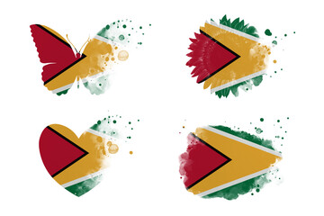 Sublimation backgrounds different forms on white background. Artistic shapes set in colors of national flag. Guyana