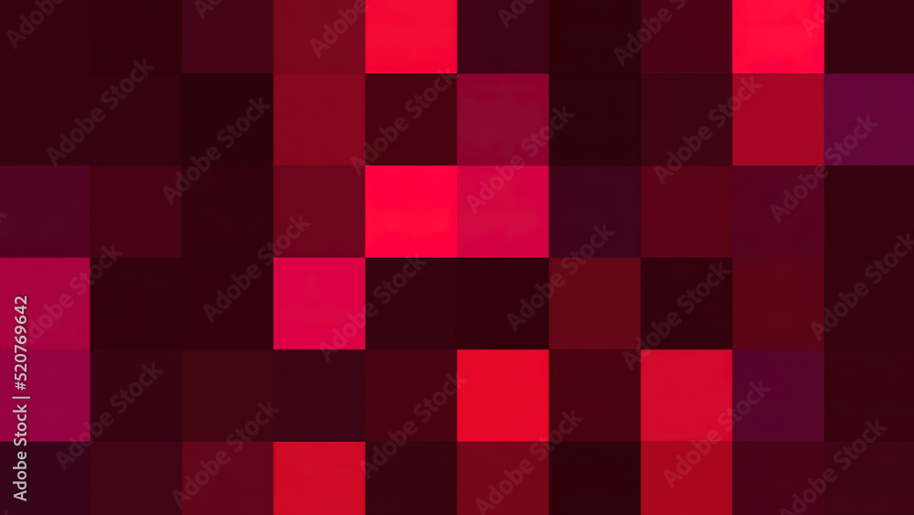 Poster Background of colored pixel squares. Motion. Square background in retro pixel style. Colored squares with shades of color move on surface