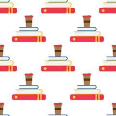 Book pile with take away coffee cup seamless pattern