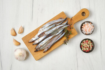 Top view of resh raw frozen capelin