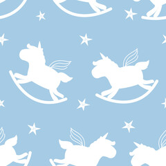 Seamless pattern with rocking unicorn horse and stars on blue background vector illustration. Cute childish print.
