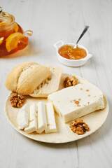 Homemade curd cheese with raisin and walnut