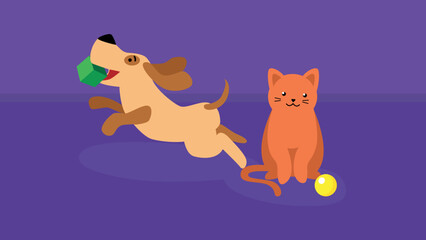 Fototapeta premium The dog runs with a cube in its mouth and the cat next to the ball