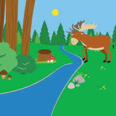 Obraz na płótnie Canvas Elk in the forest by the river and mushrooms by the stump