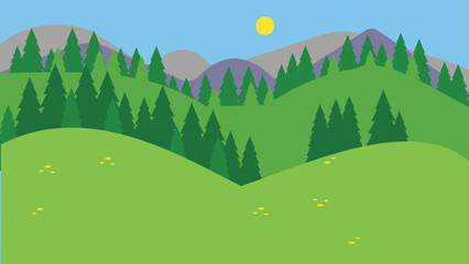Obraz premium Mountains and pine trees on a sunny day