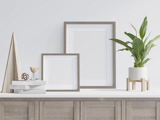 white room with 2 Photo Frames on Sideboard, 3d Illustration, 3d Rendering