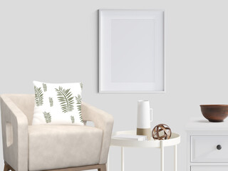 living interior with armchair and pillow, Photo Frame on Wall, 3d rendering, 3d illustration