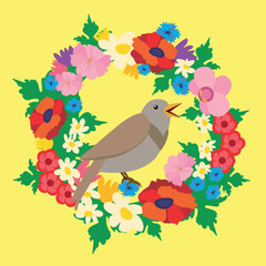 Wreath of different flowers and a nightingale