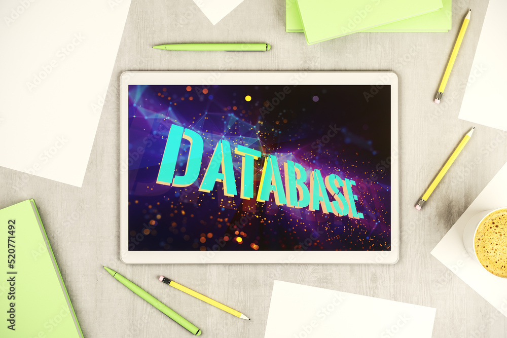 Poster Top view of modern digital tablet monitor with Database word sign, global research and analytics concept. 3D Rendering
