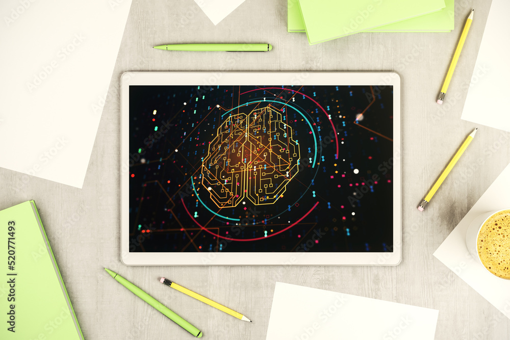 Leinwandbilder Top view of modern digital tablet monitor with creative artificial Intelligence symbol. Neural networks and machine learning concept. 3D Rendering