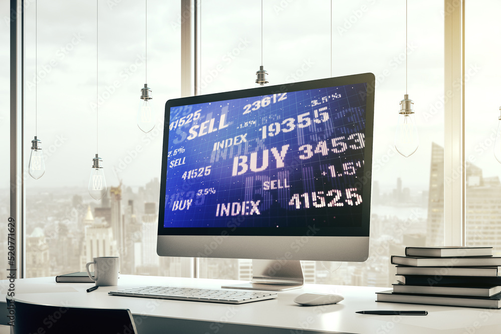 Poster modern computer monitor with abstract creative financial chart, research and strategy concept. 3d re
