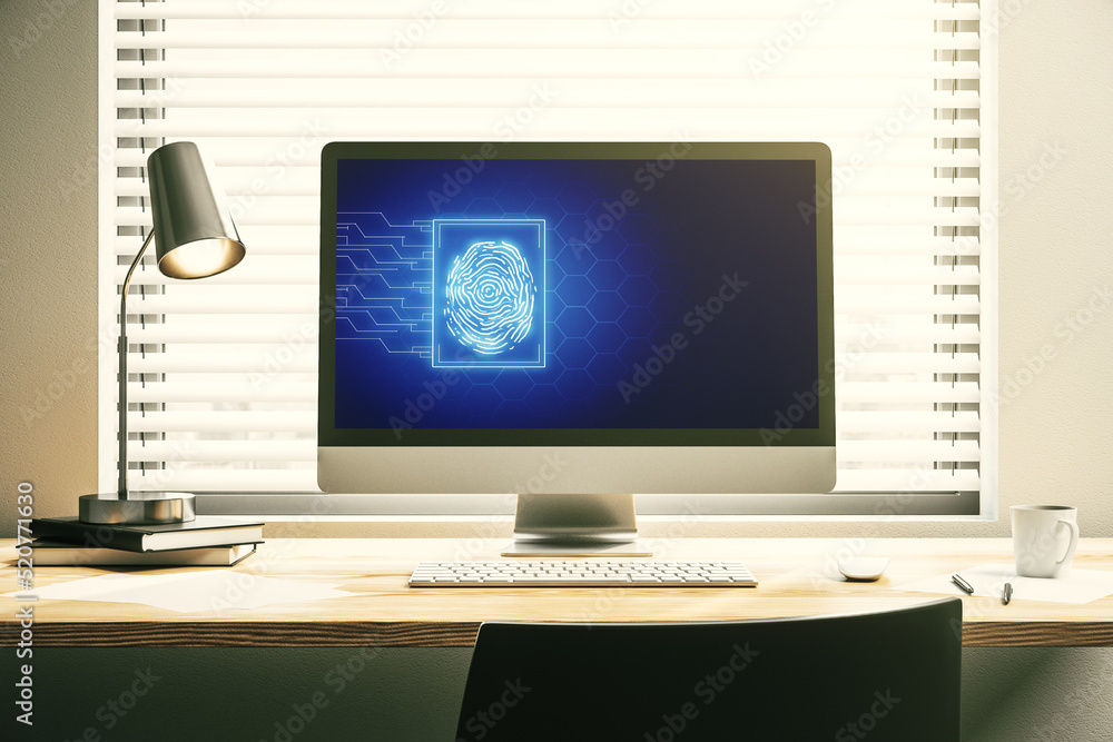 Aufkleber Computer monitor with abstract creative fingerprint illustration, personal biometric data concept. 3D Rendering